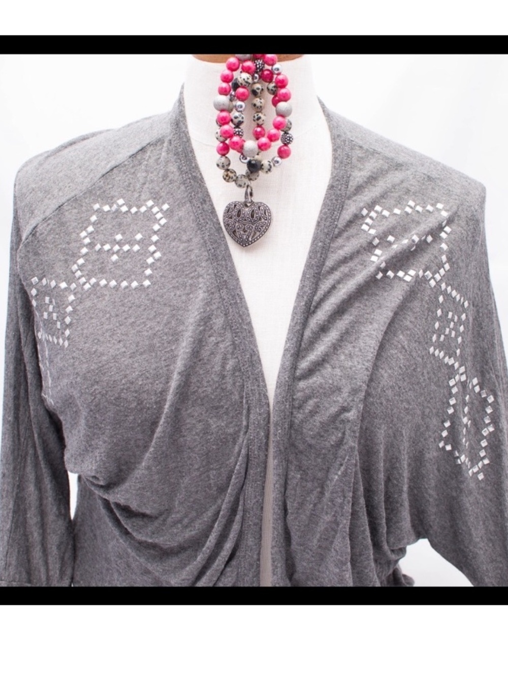 Gray Women's Stud-Accent Open Front Sweater Cardigan - Picture 2 of 2